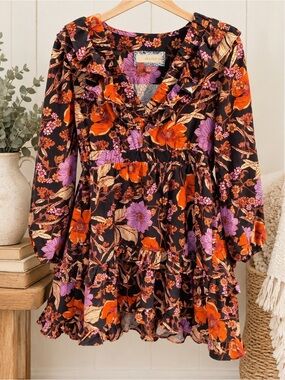 Pilcro Anthropologie M Floral Boho Ruffle Long Sleeve Tiered Mini Dress Cotton